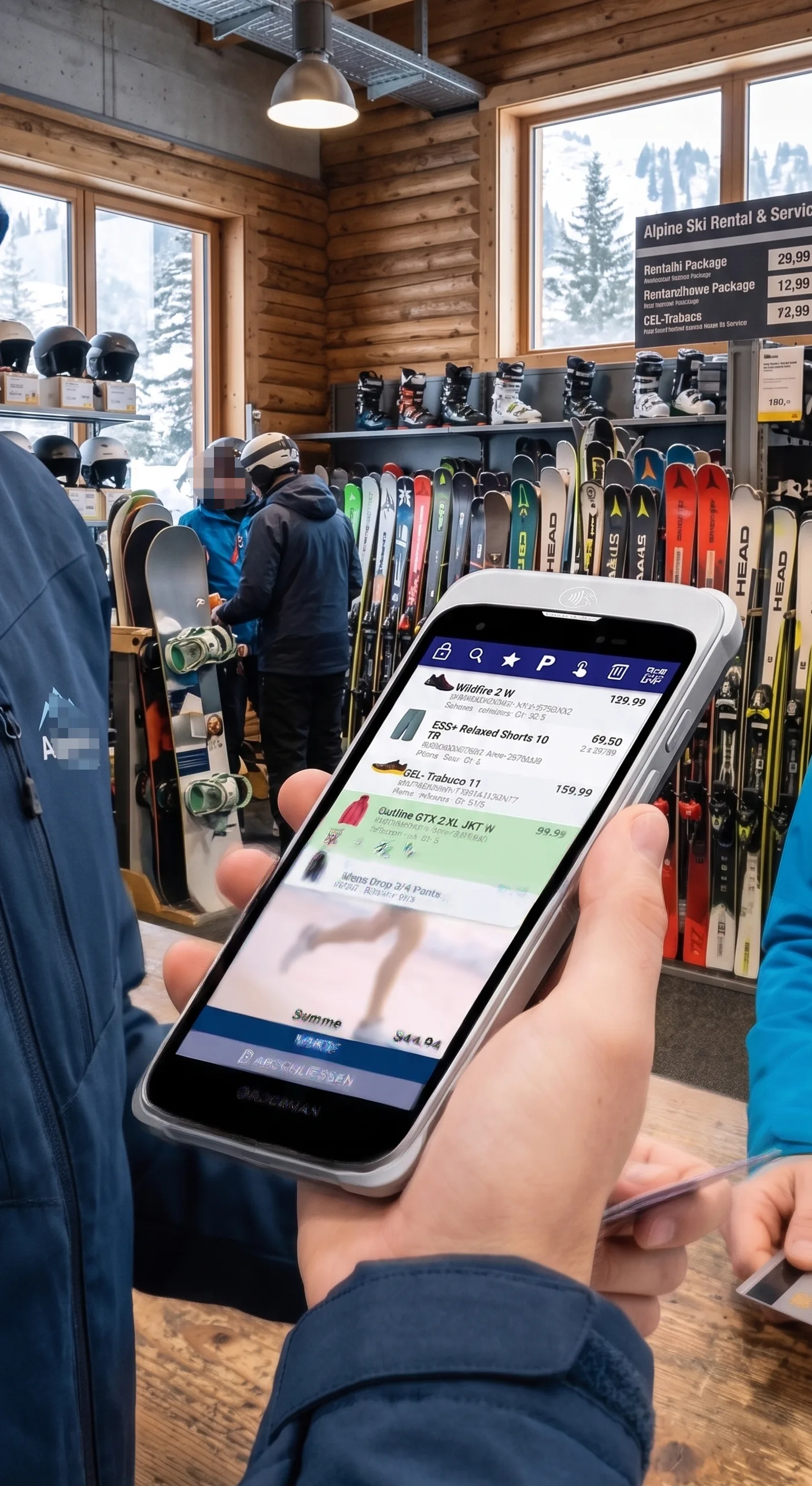 SUMWARE auf einem Handheld in einem Skiverleih-Shop mit Verleih-Cart, Skier und Skischuhe im Hintergrund