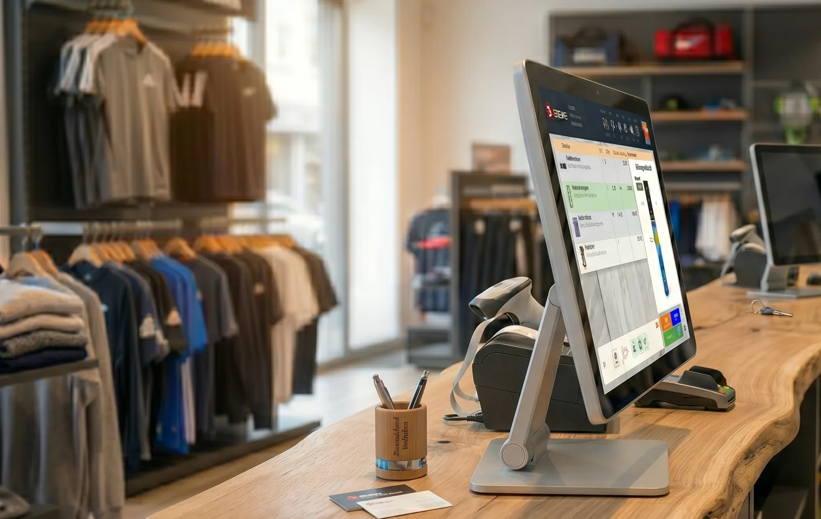 SUMWARE-POS auf einer Holztheke in einem Mode-Store mit Bekleidung auf Bügeln im Hintergrund
