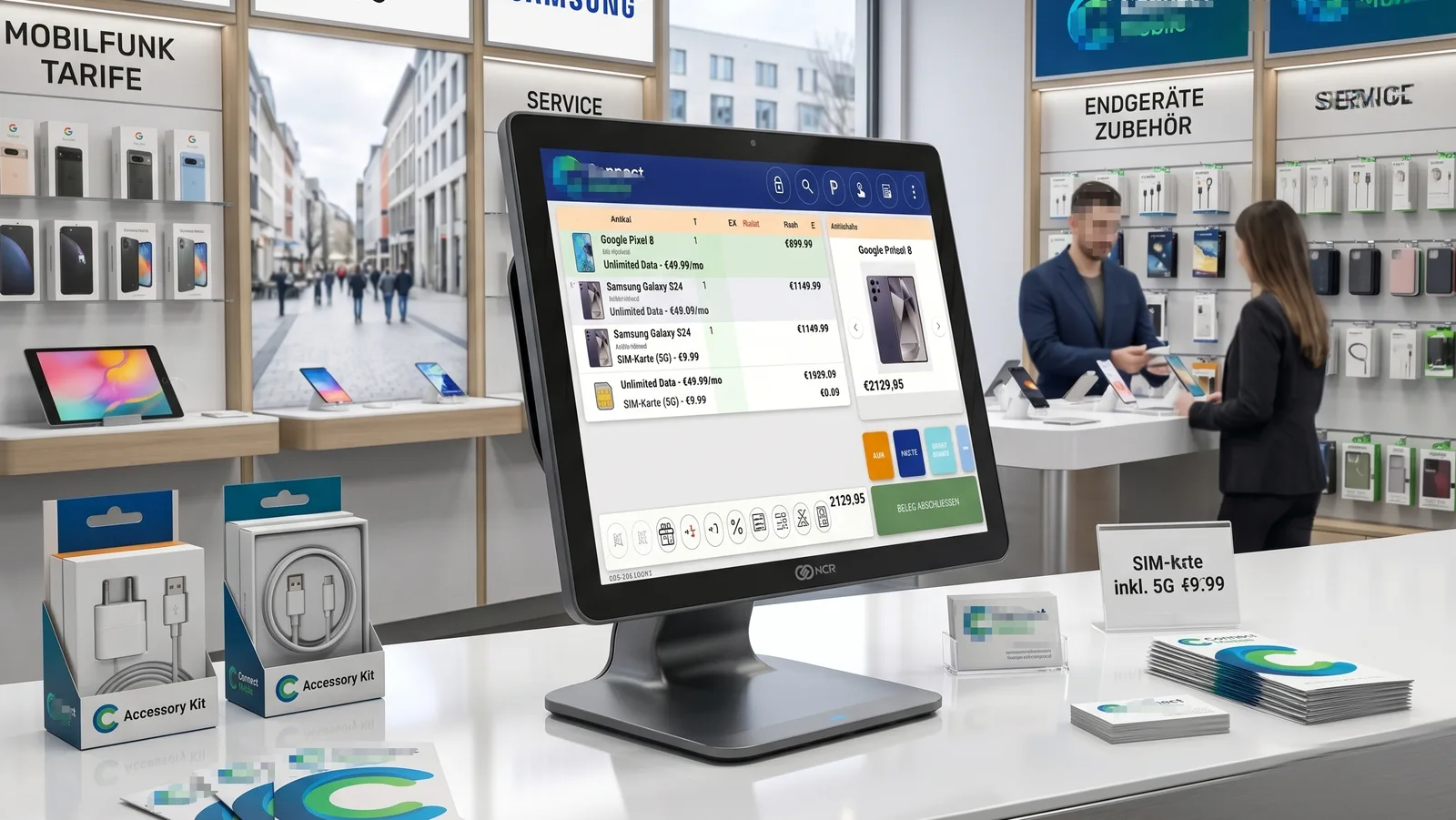 SUMWARE-POS in einem Telco-Shop mit Handys, SIM-Karten und Beraterin im Hintergrund